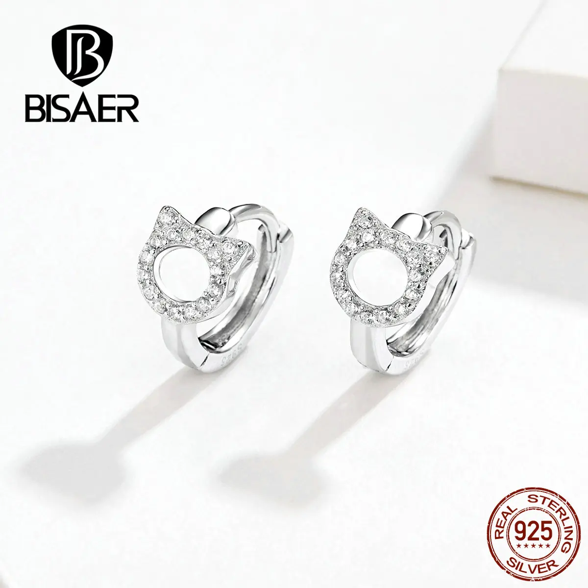 Серьги BISAER в виде кота, 925 пробы, серебряные, животные, кошка, киска, котенок, маленькие серьги-гвоздики для женщин, модные серебряные ювелирные изделия EFE171