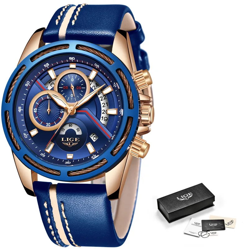 Новые LIGE мужские часы Топ бренд класса люкс синие военные спортивные часы мужские кожаные водонепроницаемые часы кварцевые часы Relogio Masculino - Цвет: Full blue