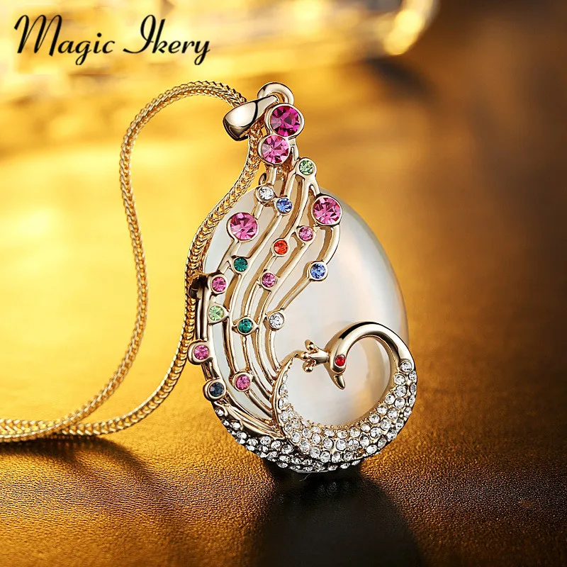 

Magic Ikery Rose Gold Color Crystal Opal boho ethnic peacock Gallbladder long necklaces Fashion Jewelry for women MK00046
