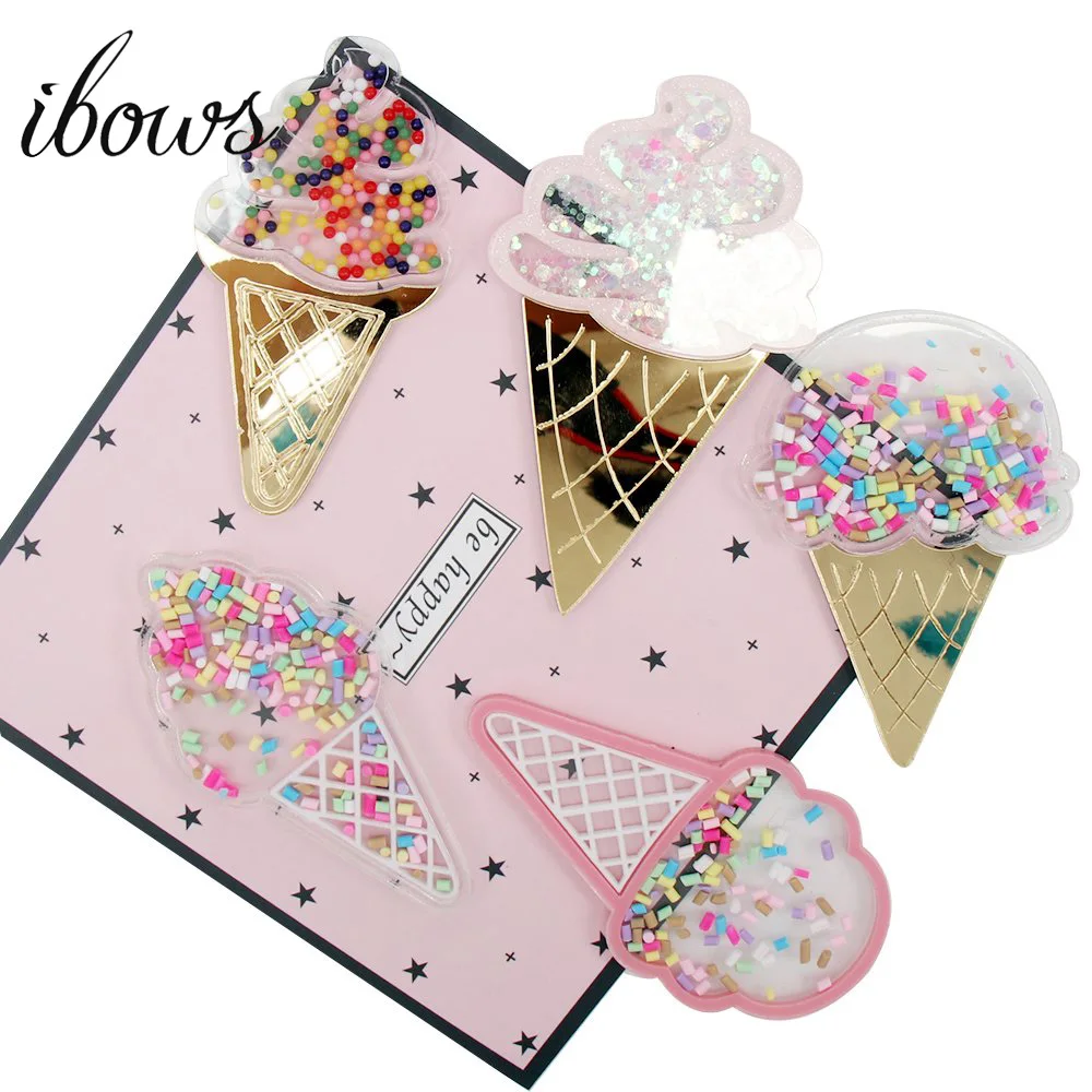 

IBOWS 1pc Ice cream Liquid Quicksand Cover Filling Sequin Appliques Cute Acrylic Accessories Phone Decor DIY Hair Clips Material