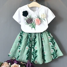 Sodawn/ г. Детский костюм Новая летняя Милая футболка с короткими рукавами и трехмерной розой+ платье Модный комплект одежды из 2 предметов для девочек