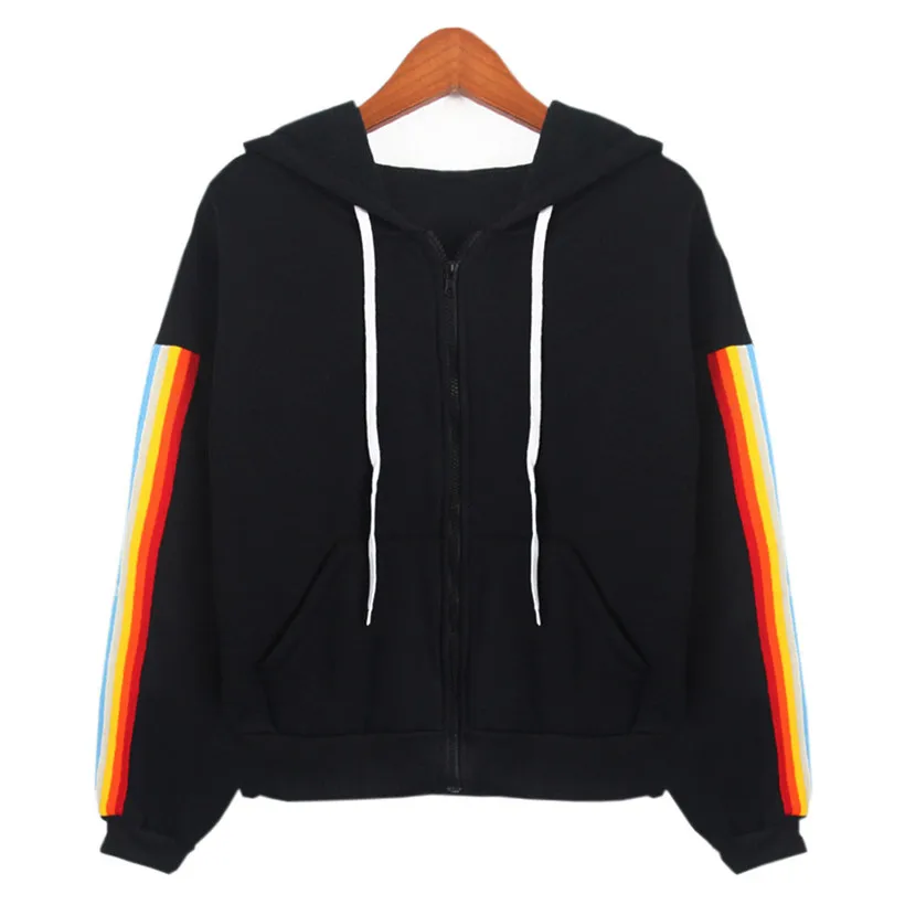 

Hoodies Sweatshirts Women Casual Long Sleeve Sweatshirt Rainbow Patchwork Hooded Sport Coat Jacket Zipper Tops Blouse 0912