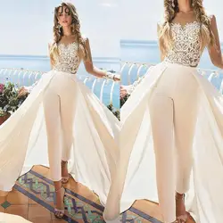 Белый комбинезон Свадебные платья со съемным шлейфом длиной до щиколотки жемчужина шеи аппликации наряд сатиновое свадебное платье Overskirt