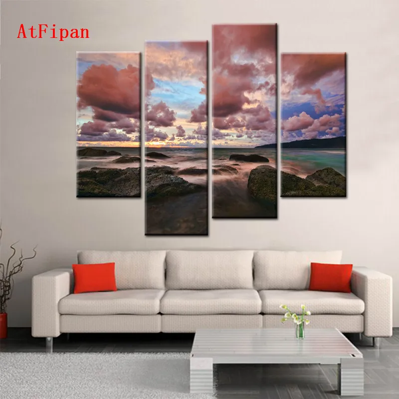 Atfipan Leinwand Kunst Gemalde Fur Wohnzimmer 4 Stuck Ziegelrot Wolke Schwarz Stein In Ozean Meereslandschaft Modularen Bilder An Der Wand Art Painting Canvas Art Paintingthe Paintings Aliexpress