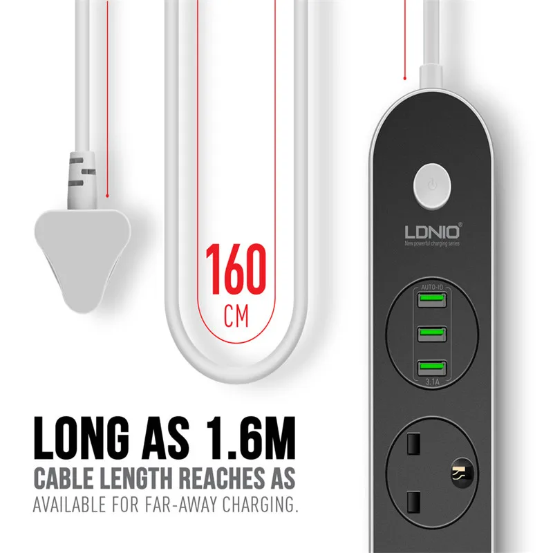 Удлинитель PLYMOTON 2500 Вт с 3 розетками переменного тока USB портами|Удлинители