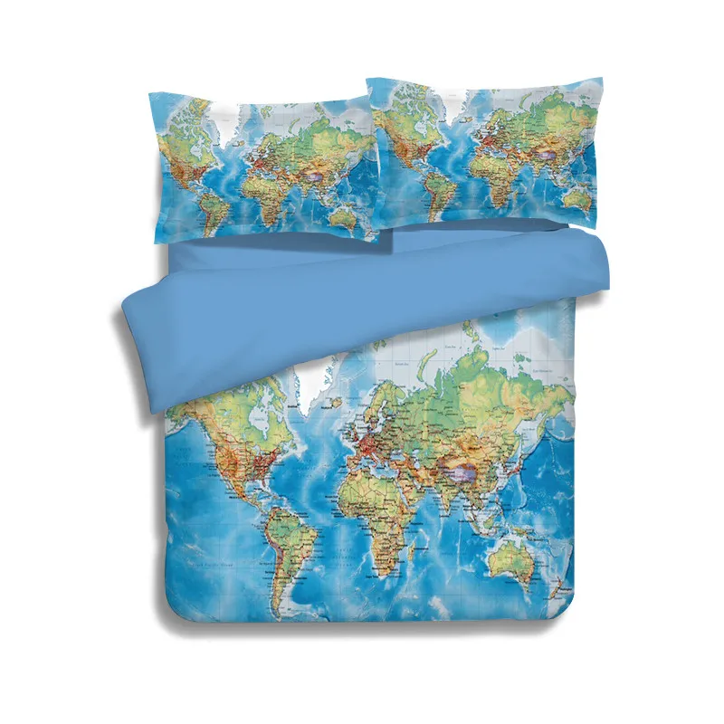 

Luxury World Map Bedding Set Vivid Printed Blue Bed Cover Twill Cozy cotton duvet cover set king full Sizes 3/4pcs bed linen