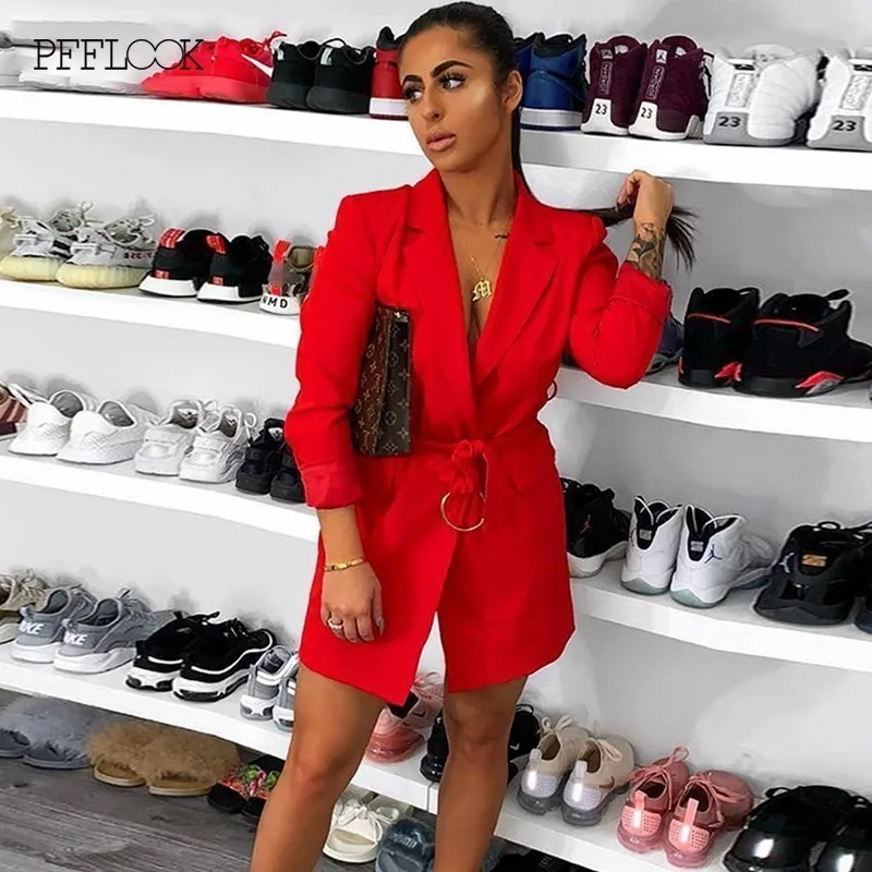 

PFFLOOK Autumn T-shirt Style Sexy Dresses Women 2019 Lace Up Mini Dress With Belt Long Sleeve Office Party Dress Vestidos