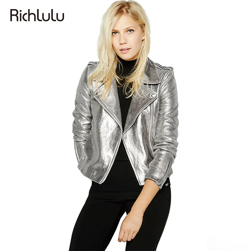 Richlulu Для женщин пу куртка с длинным рукавом Искусственная кожа бомбардировщик
