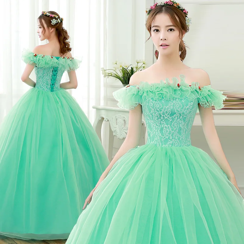 

100%real luxury candy green slash collar flower ball gown stuido princess ball gown medieval dress/victorian dress belle ball