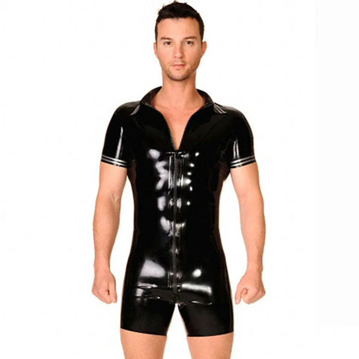 Turn-down Collar Sexy Black Mens Latex 