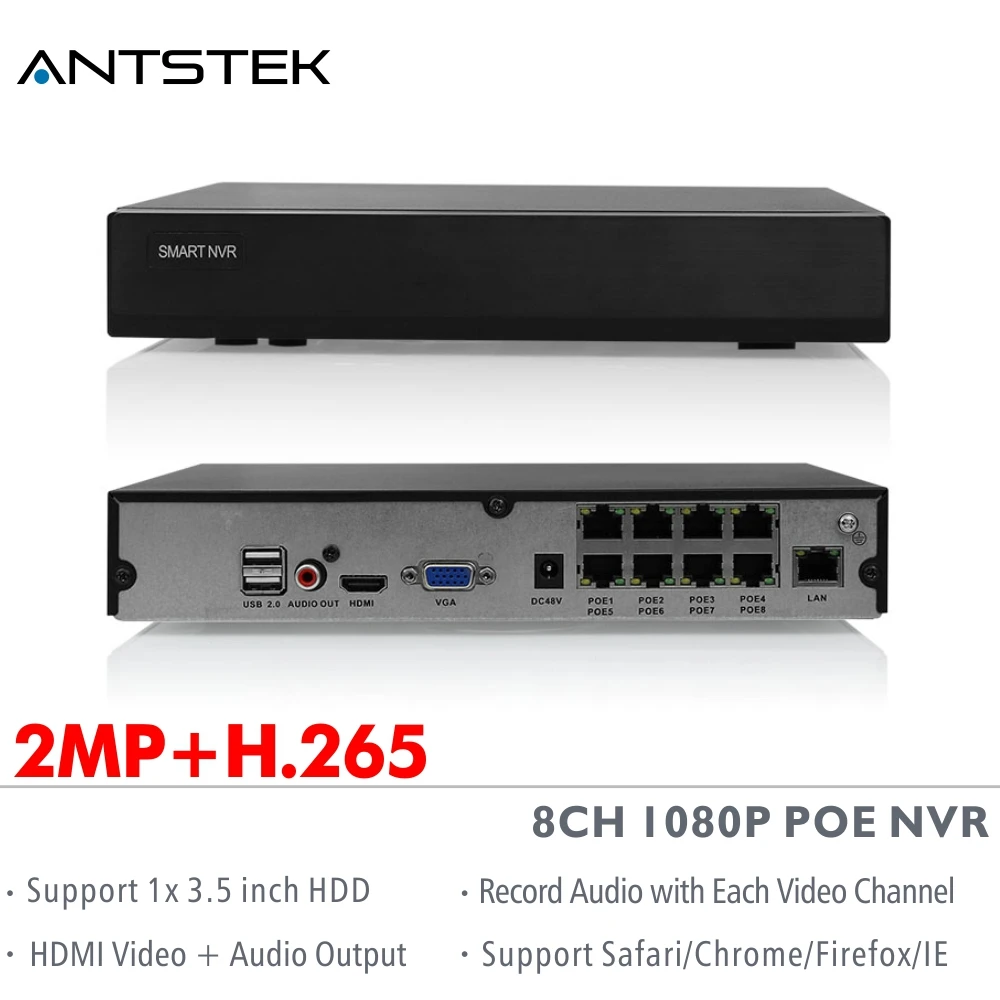 Antstek 4CH 8CH 1080 P H.265 onvif poe сетевой видеорегистратор Поддержка 1xsata HDD с смартфон