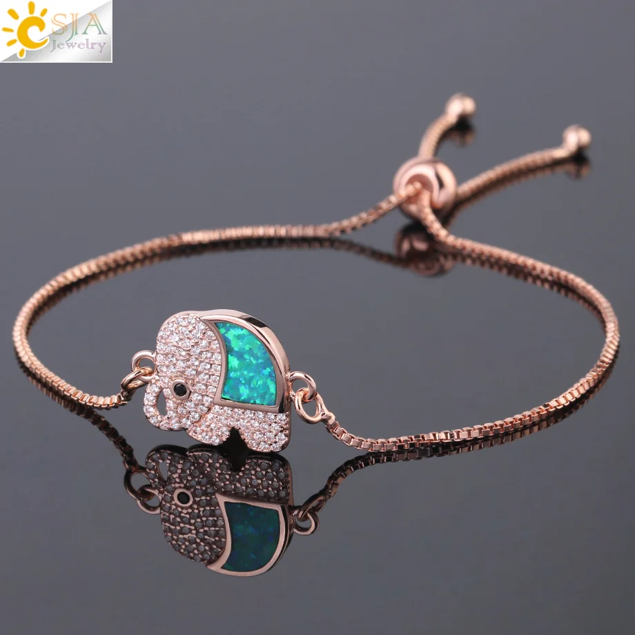 

CSJA Dainty Bracelets for Girl Women Fire Opal Elephant CZ Crystal Charm Pendant Rose Gold Silver Color Adjustable Bracelet F914