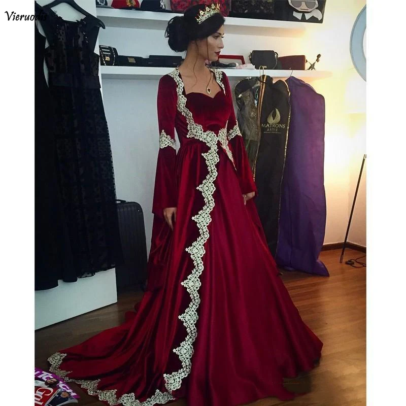 103-1                 2019 Burgundy Velvet Arabic Dubai Long Sleeves Kaftan Evening Dresses With Appliques Long Vintage Muslim Party Gowns