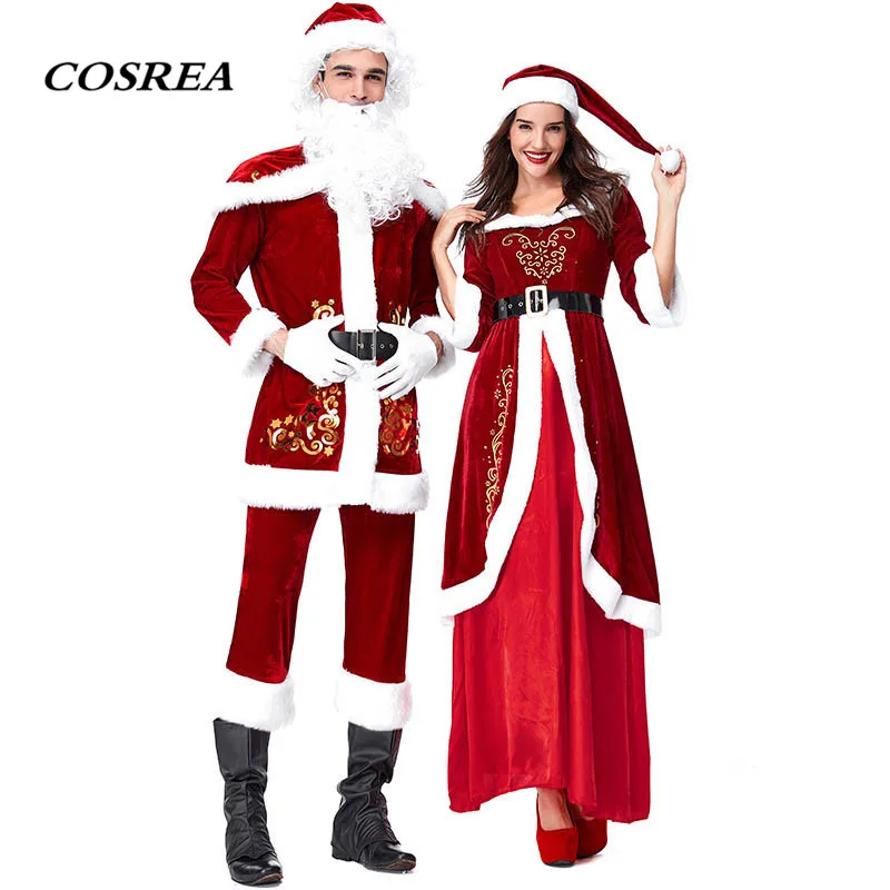 COSREA Санта Клаус Косплей костюмы Делюкс Бархатный комплект с кофтой красного