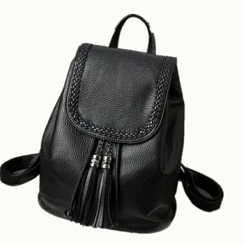 

Fashion Travel Tassel Backpacks Women PU Soft Black Girls School Bag Lady Backpack Shoulder Bags