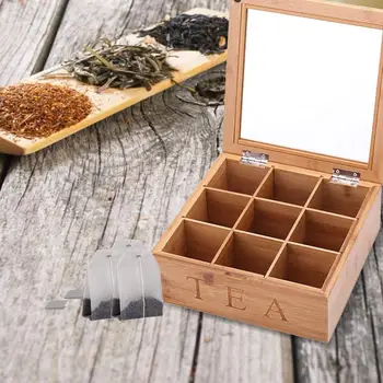 

9 Grids Multipurpose Wooden Tea Bag Storage Chest Box Essential Oil Display Case With Clear Lid Portable Tea Organizer Q107