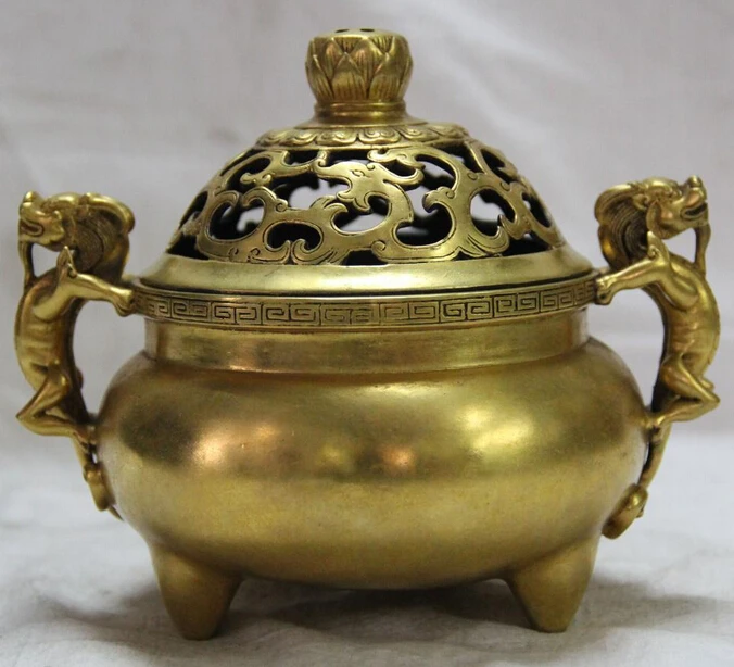 

JP S62 7" Marked China Bronze 24K Gold Dragon Beast Handle Lotus Incense Burner Censer
