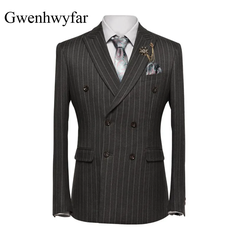 

Gwenhwyfar 2018 High Huality Men Suits Fashion Grey Stripe Men's Slim Fit Business Wedding Suit Men Wedding Suits Blazer+Pants