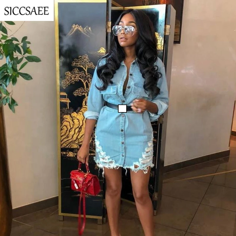 

Blue Denim Maxi Tshirt Dress Mini Cut Out Hole Waterwashed Turn Down Collar Jeans Sexy Streetwear Button Vestido Cardigan Casual
