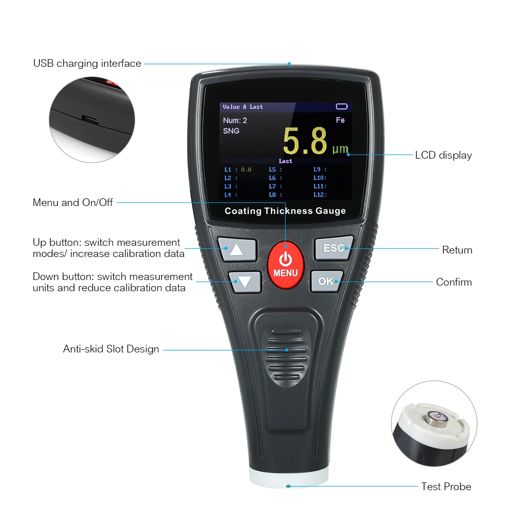 Мини цифровой автомобильный измеритель толщины краски, автомобильный тестер толщины покрытия, измеритель с цветным ЖК-дисплеем, датчик Fe, автомобильный детектор, измерительная краска