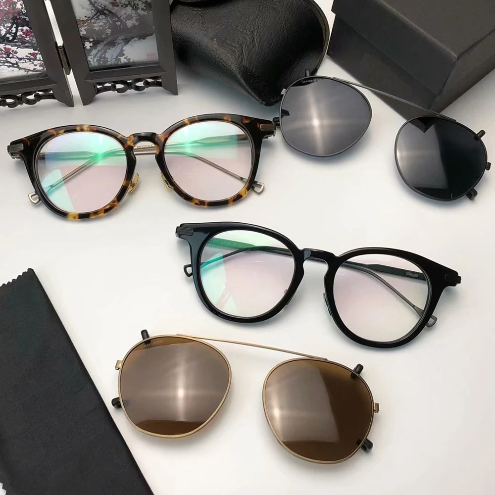 

High Quality Clip Eyeglasses Vintage Round Acetate Optical Glasses Frame Men Women Spectacle with Polarized Clip oculos de grau