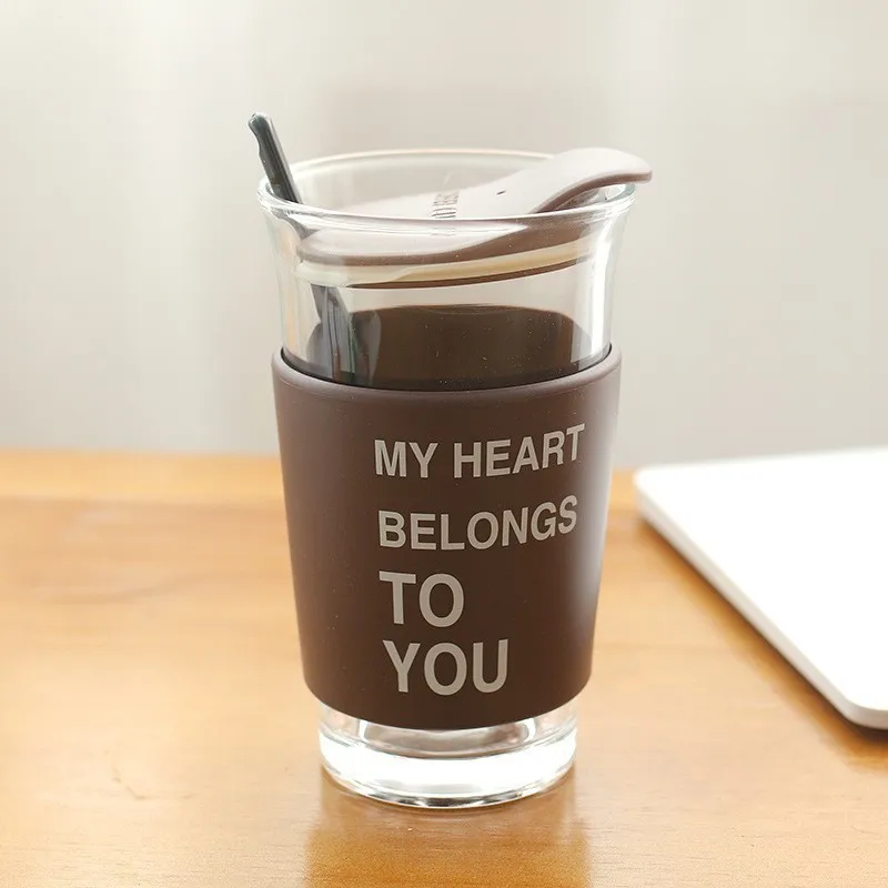 Анти-обжигающее стекло Прозрачный кофейная чашка с крышкой и ложкой питьевой контейнер для соков - Цвет: Brown