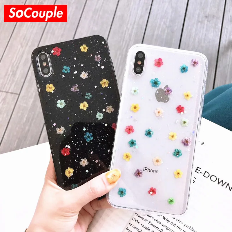 

SoCouple Soft Silicone Phone Case For iphone X Xs Case For iphone Xs max XR 7 8 6 6 Plus Real Dried Flower Bling Star Case Cover