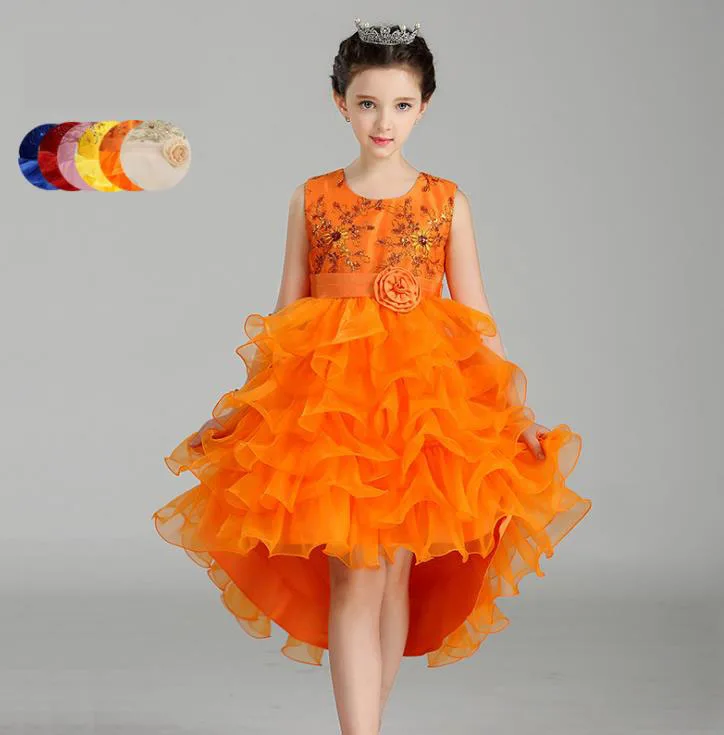 

Girls Golden Embroidery Flower Dress Kids Long Tail Layered Cake Dress for Formal Pageant Party Teens Young Girls Prom Gowns