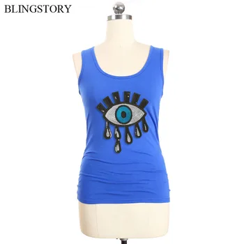 

BLINGSTORY Women Tops Eye Sequin Female Summer Cotton Sleeveless T-shirt