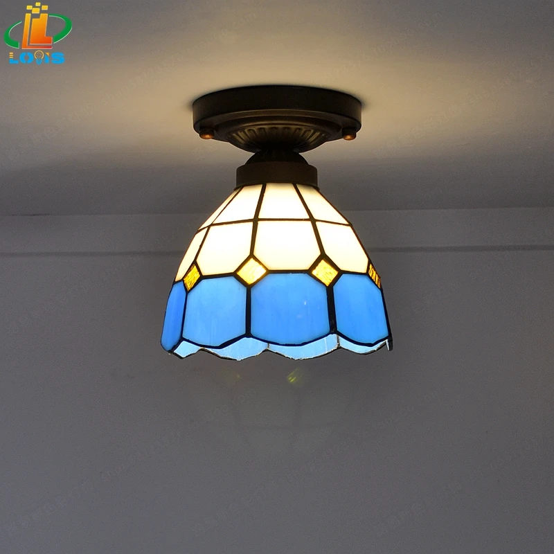 Дешевые потолок Тиффани лампы современные минималистские прохода средиземноморский синий стекло украшены небольшим космосом балкон