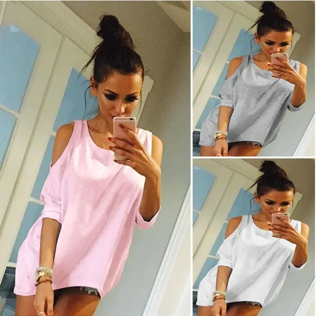 Summer Women T-Shirt O-Neck Solid Color Off Shoulder Sexy Long T Shirt Casual Loose Top Tees Plus Size 5XL