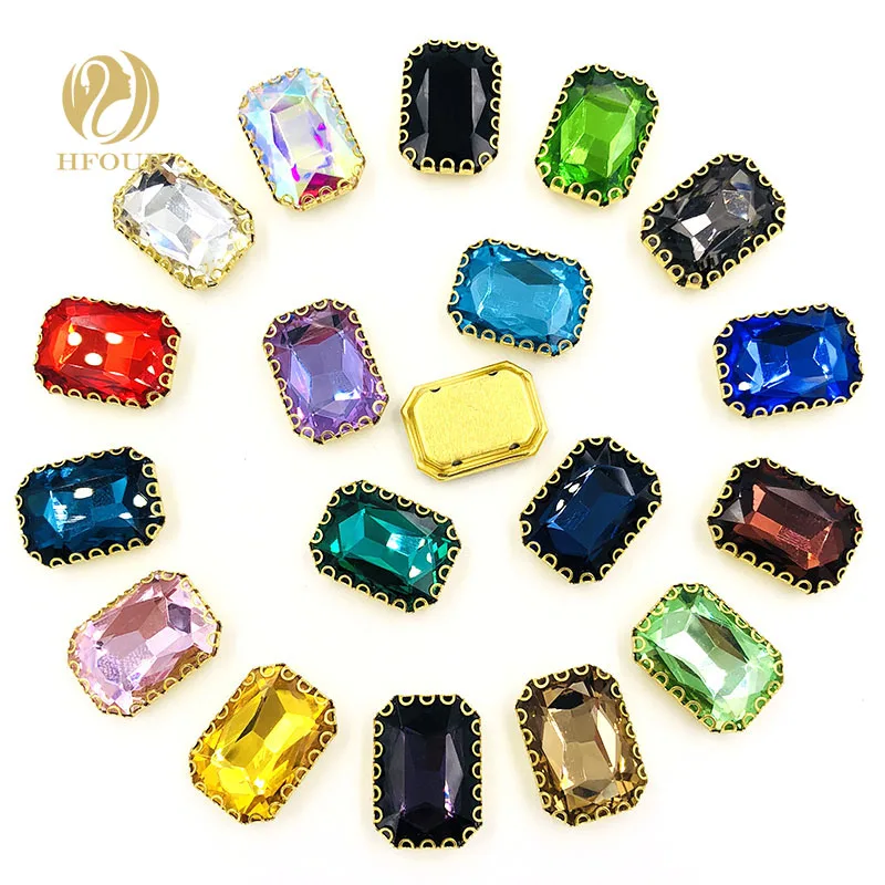 Free shipping 8X10mm/10X14mm/13X18mm Rectangle flatback sew on rhinestones Lacy shape claw gold base with hole DIY Accessories