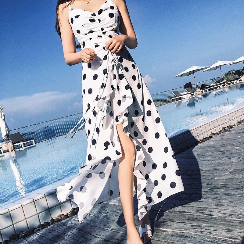 

Polka-Dot Print Chiffon Sexy V Neck Fold Irregular Hem Women Ruffles Dresses 2019 Summer Boho Sexy Backless Strap Dress Vestidos