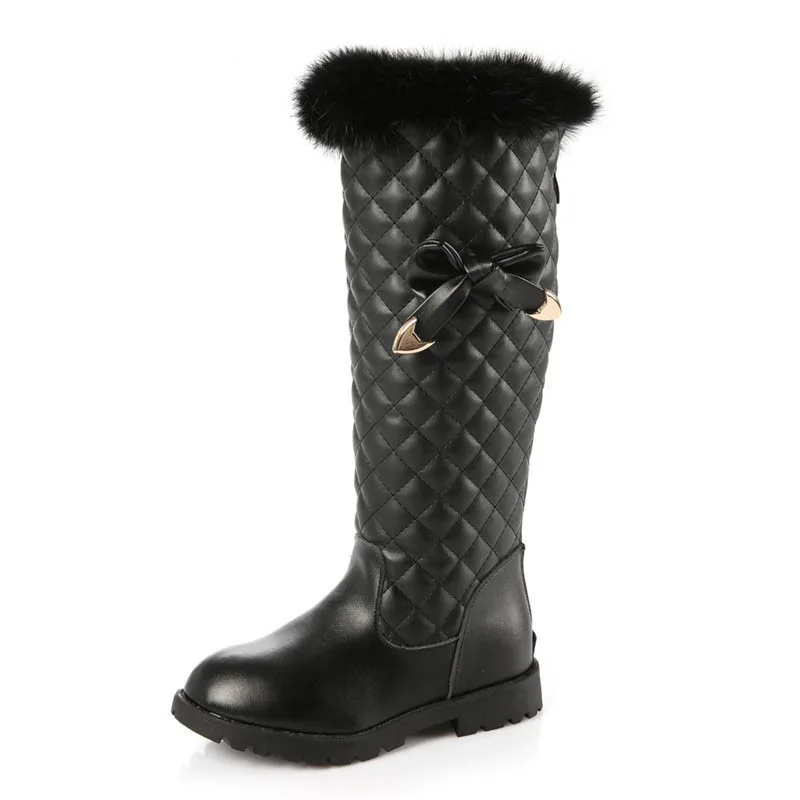 

Top Brand Girls Warm Fur Lining Snow Boots Pu Leather Winter Knee Length Warm Princess Bowknot Botas Kids Party Shoes For Girl