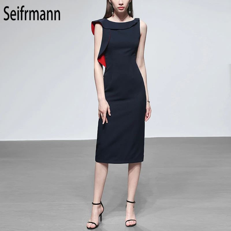 Seifrmann Новый 2019 Для женщин сезон: весна–лето платье взлетно-посадочной полосы модельер рукавов оборками Элегантный современный тонкий