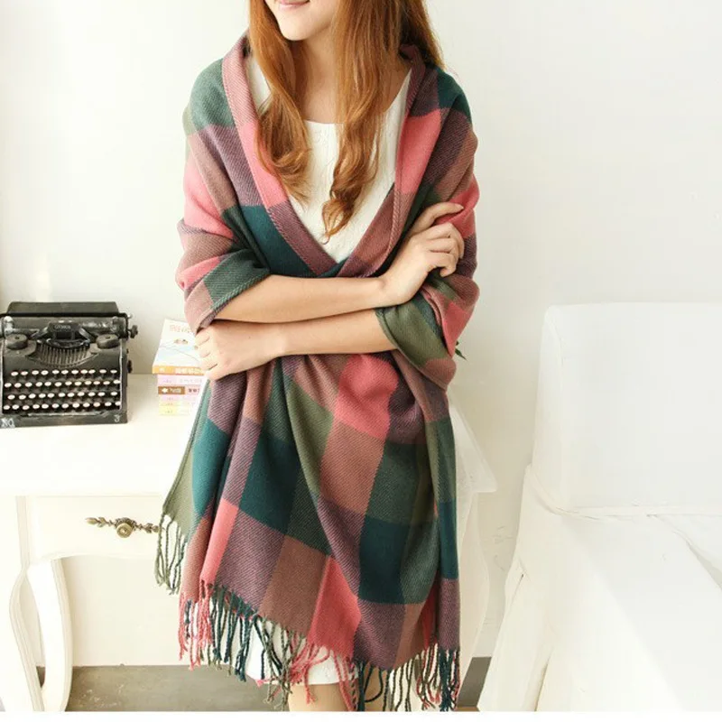 

60*200cm Women Long Tassel Color Matching Plaid Scarf Girls Korean Version of Autumn and Winter Warm Cashmere Wool Scarf Shawl