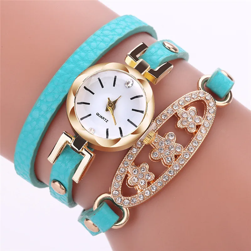 High Quality women fashion casual watch dress Leather Quartz Watch Luxury Bracelet Flower Gemstone Wristwatch Gift clock M22#N (10)