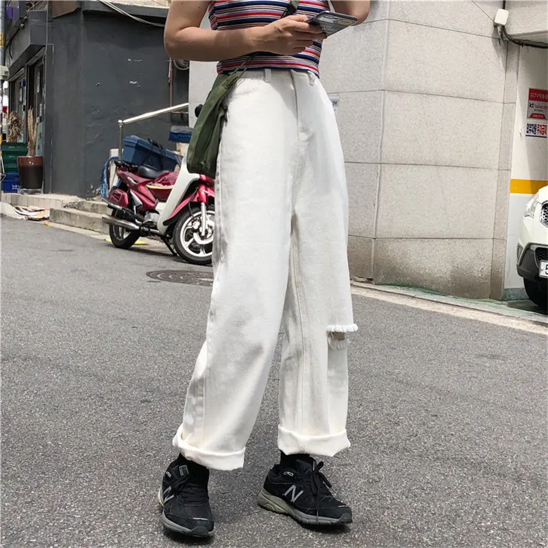 HziriP Female Brief Chic High Waist Hole Slim Straight Jeans Pants Loose Denim All Match Full Retro Women New Vintage Trousers - Цвет: white