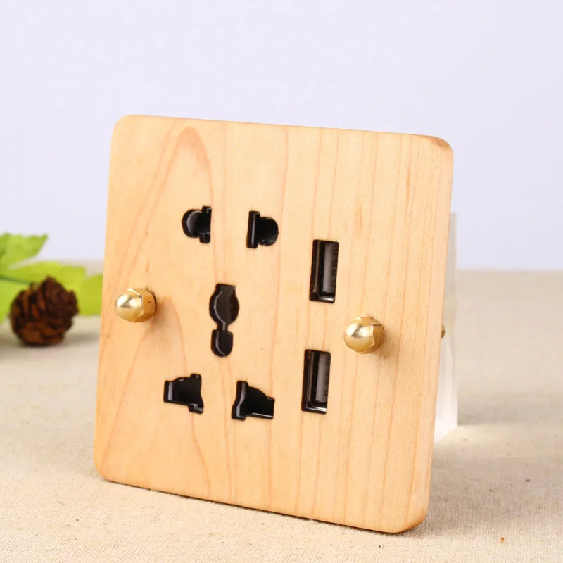 White Maple Ручная работа настенная розетка 5 отверстий с USB разъемом универсальный стандарт Европейский ретро 10A 110-250 В деревянная панель латунный рычаг 86*86 мм - Цвет: White Maple