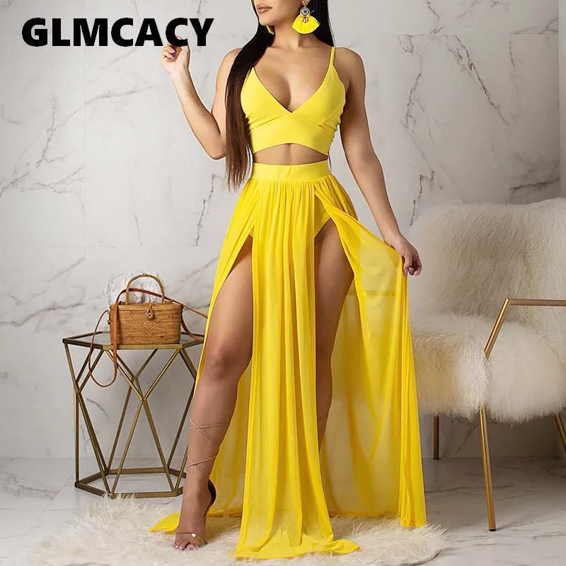 

Women High Slit Deep V-neck Top Asymmetrical High Slit Dress Spaghetti Strap Solid Sleeveless Floor-Length Summer 2pcs Sets