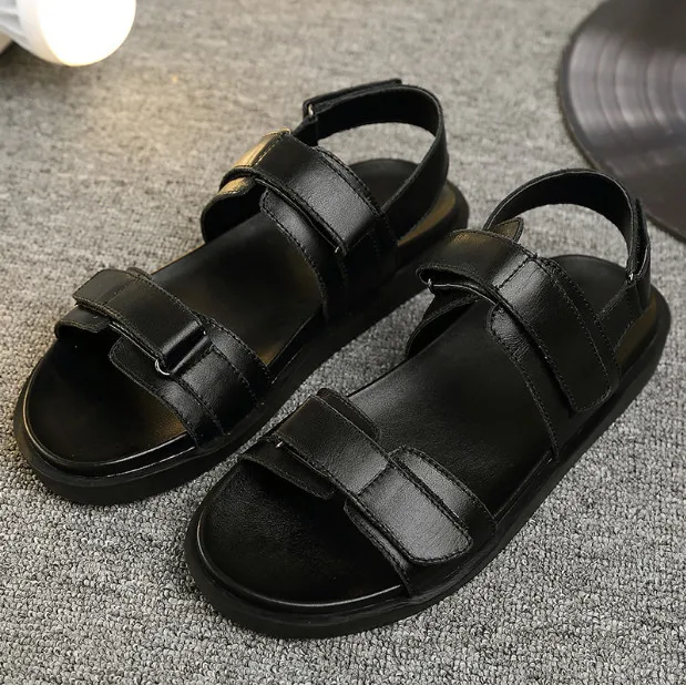 New Style Summer Men Flat Leather Hook&Loop Rome Breathable Black Casual Sandals Men Soft Bottom