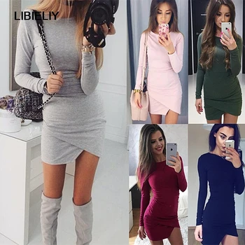 

Nice New Fashion Winter Women Sexy Dresses Package Hip Dress Solid Long-sleeve O-neck Mini Party Dresses