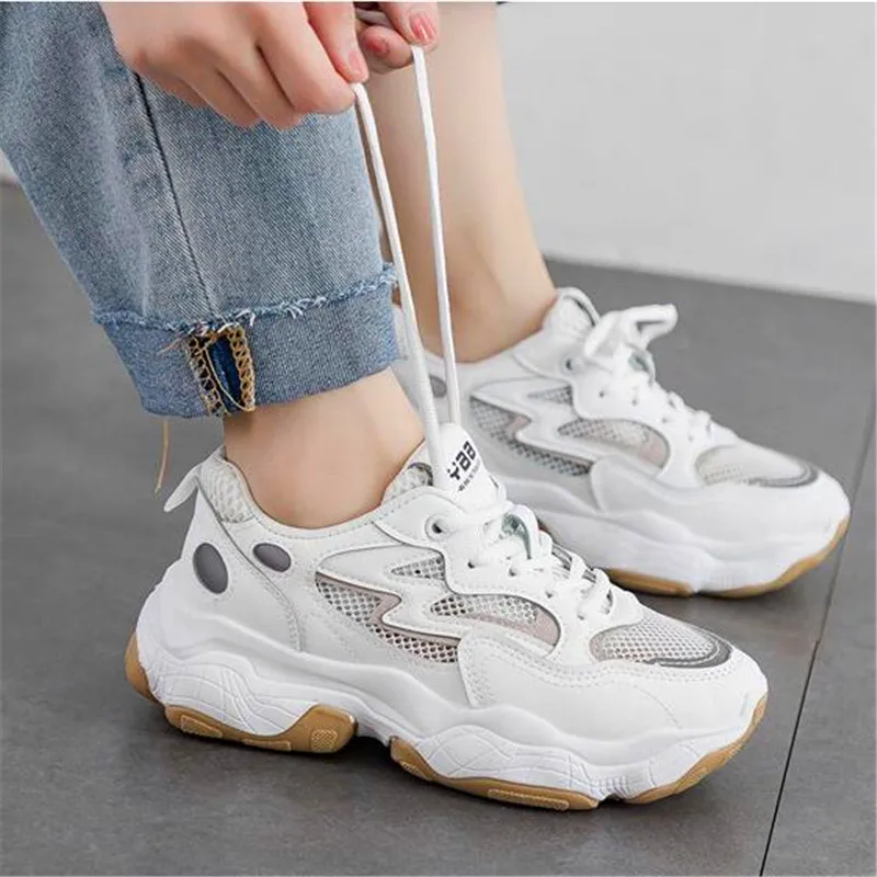 

2019 spring and autumn and summer breathable mesh face wild reflective fashion casual muffin bottom tie women's shoes