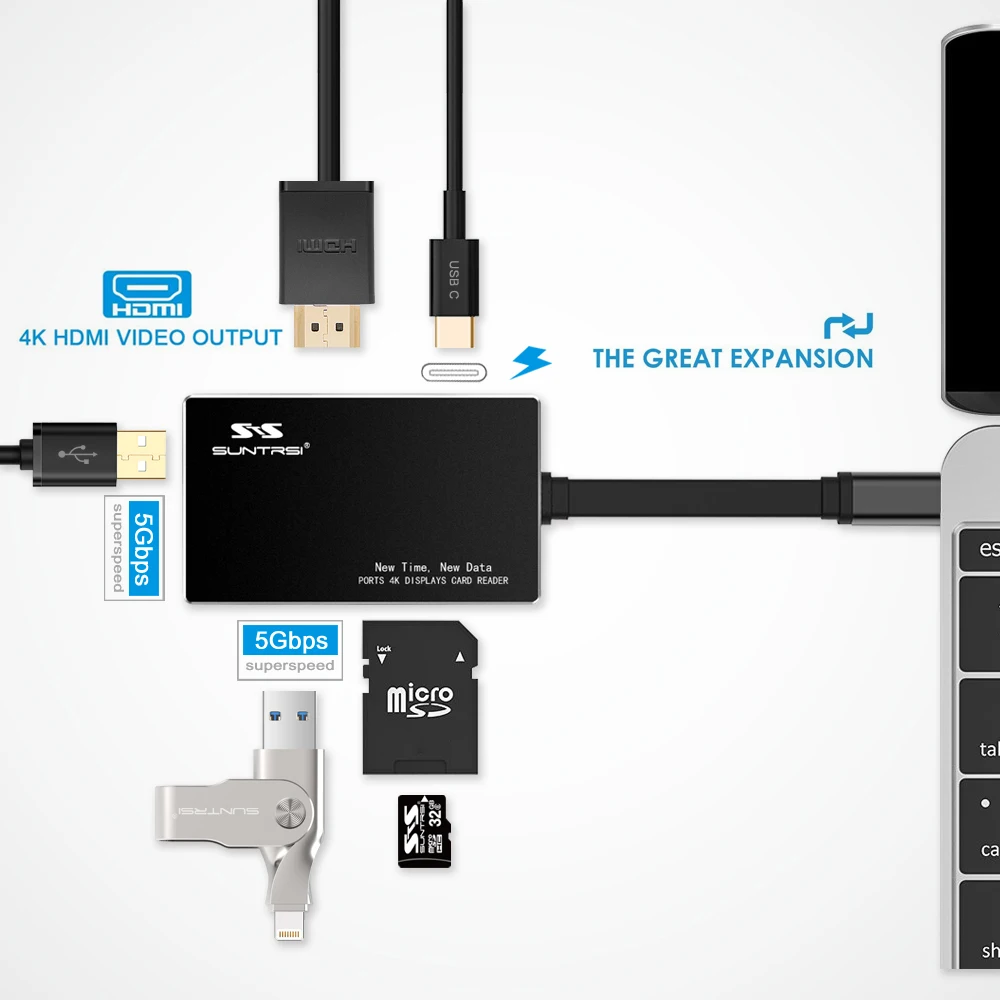 Suntrsi Тип usb C концентратор HDMI 4 k USB-C адаптер для MacBook 2-Порты и разъёмы USB 3,0 черный 7 в 1 TF/SD кард-ридер
