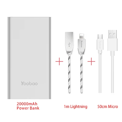 Yoobao A2 20000 мАч внешный Аккумуляторы для телефонов тонкий портативное зарядное устройство портативная зарядка повер банк Батарейки Зарядное устройство pover банка для xiaomi Mi iphone 7 6 5 samsung - Цвет: silver add cable
