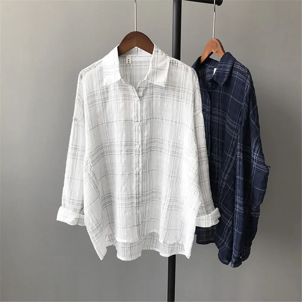 High quality Loose Plaid Women Blouse Shirt Spring Woman Blouses Boyfriend style Lady Elegant Tops Large Casual Chiffon Blusas (3)