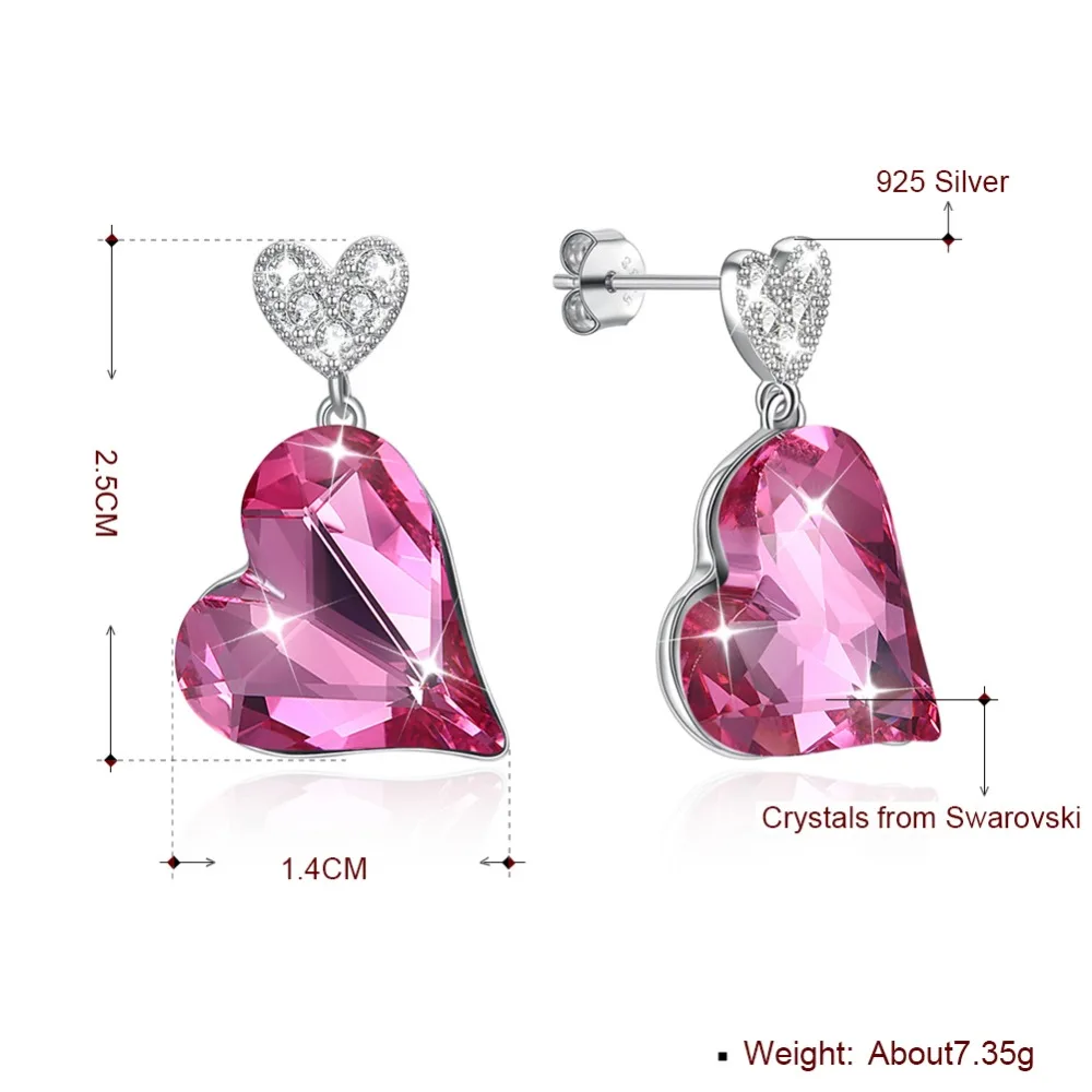 Элегантный двойной сердце розовый кристалл от Swarovski серьги гвоздики Настоящее серебро 925 проба для женщин Свадебные обручальные ювелирные изделия