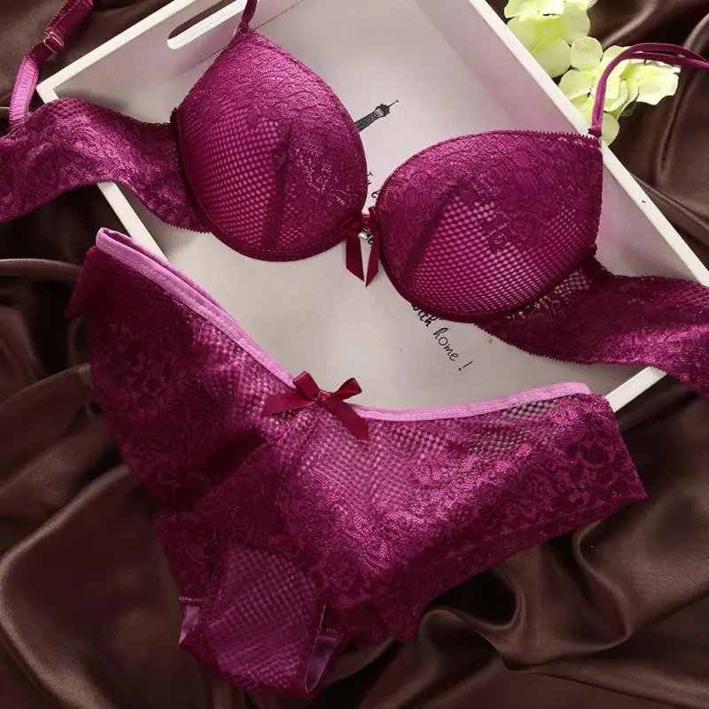 Sexy Elegant Lace Embroidery Bra and Panty Set Women Bra Underwear Lady Push Up Bra Lingeries Set Brief Set Red Purple White