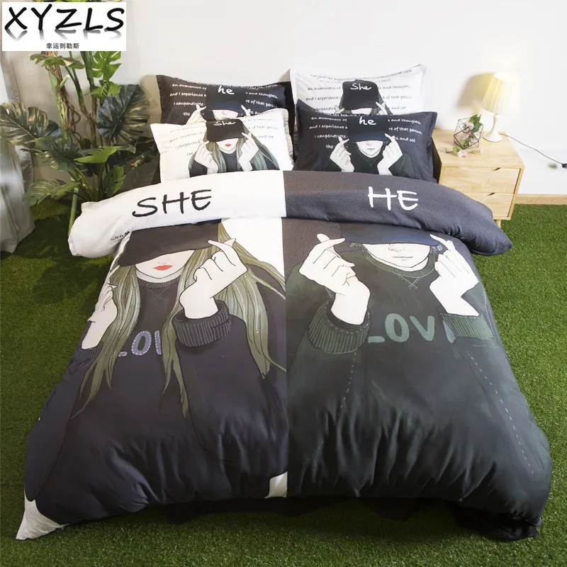 

XYZLS Lovers Queen Cotton Bedding Set 3pcs/set Couple Bed Linings Twin Single Bed Linings Double King Valentine Gift Bedding Kit