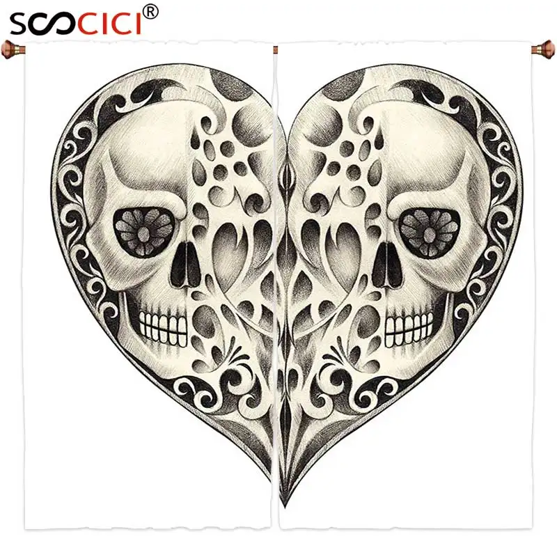 

Window Curtains Treatments 2 Panels,Day Of The Dead Decor Twin Half Fire Design in Hearts Festive Spanish Image Print Cream